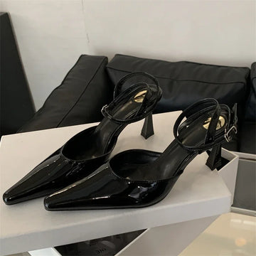 Xajzpa Spring Designer Narrow Band Women Pumps Sexy Ankle Buckle Strap Pointed Toe Thin Low Heels Dress Slingbacks Mule Shoes